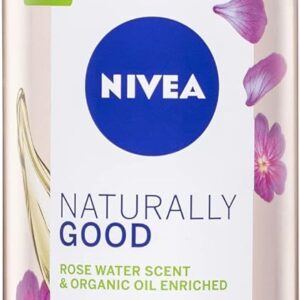 NIVEA Naturally Good Gel douche enrichi en eau de rose et huile biologique (300 ml), gel douche naturel pour femme, parfum doux et frais et formule végétalienne pour une peau nettoyée