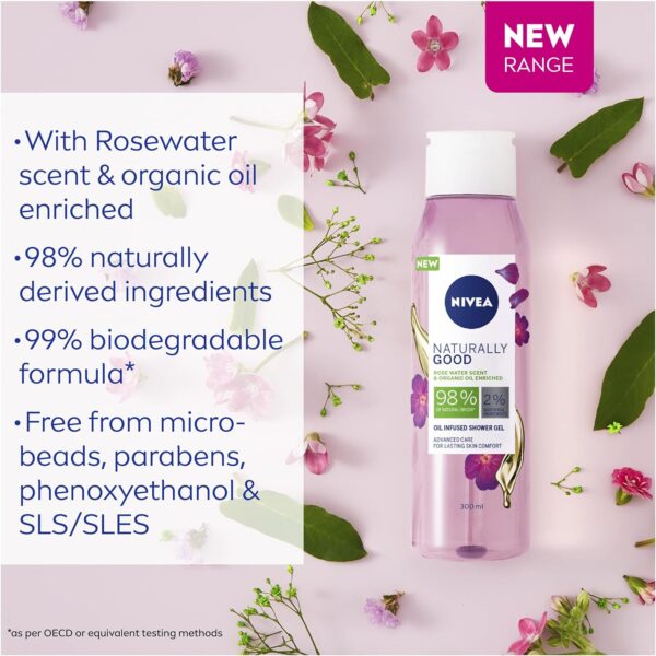 NIVEA Naturally Good Gel douche enrichi en eau de rose et huile biologique (300 ml), gel douche naturel pour femme, parfum doux et frais et formule végétalienne pour une peau nettoyée – Image 5